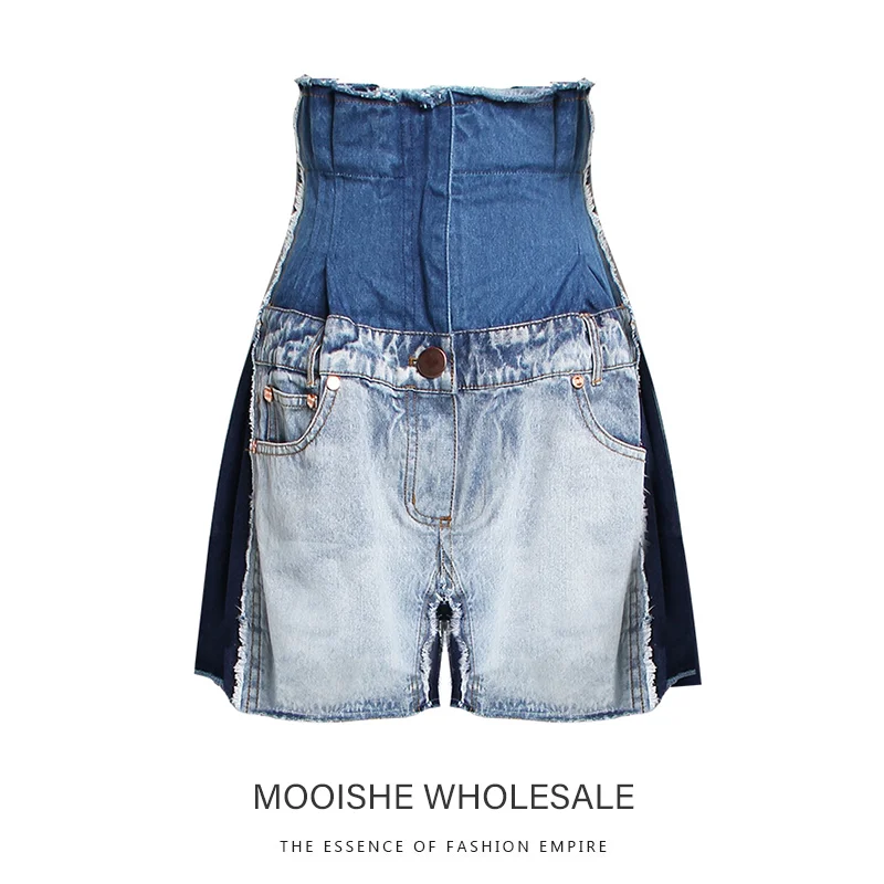 

Patchwork Jeans 2019 Spring New Ultra High Waist Hit Color Wide Leg Jeans Women Loose Fall Straight Retro Shorts