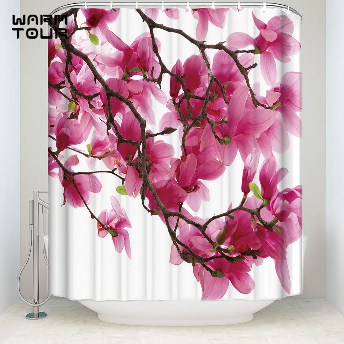 

Extra Long Fabric Bath Shower Curtains Low Profile Pink Flowers Welcome Mildew-resistant Bathroom Decor Sets with Hooks