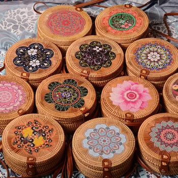

women bamboo crossbody bags flowers woven handbag clutch Circular rattan Shoulder Bags National Bohemian summer beach purse