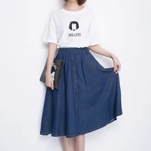 Весенние повседневные женские джинсовые юбки с высокой талией синего цвета Модная плиссированная юбка Винтажная летняя Юбка До Колена Большие размеры