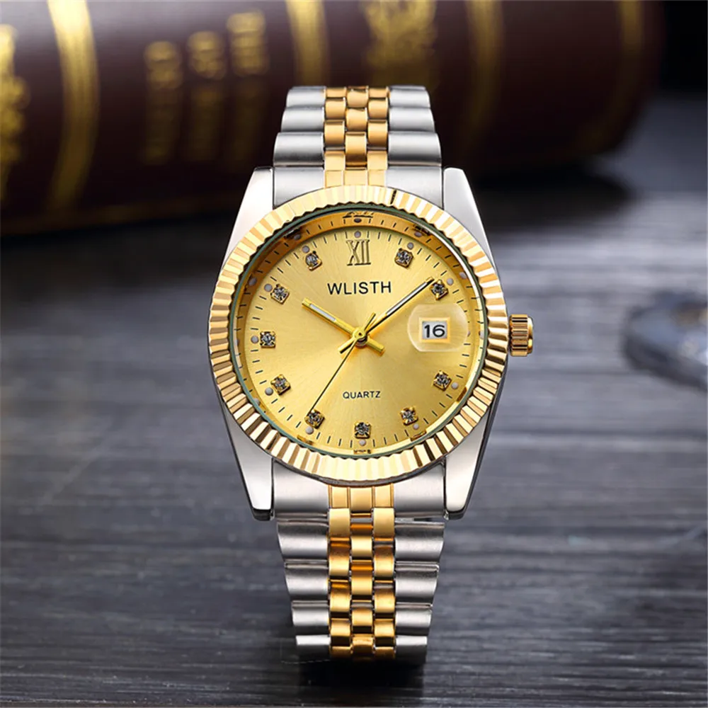(sihai)Top Brand Luxury Lovers' Couple Watches Men Date Day Waterproof Watch Women Gold Stainless Steel Quartz Wristwatch Homme