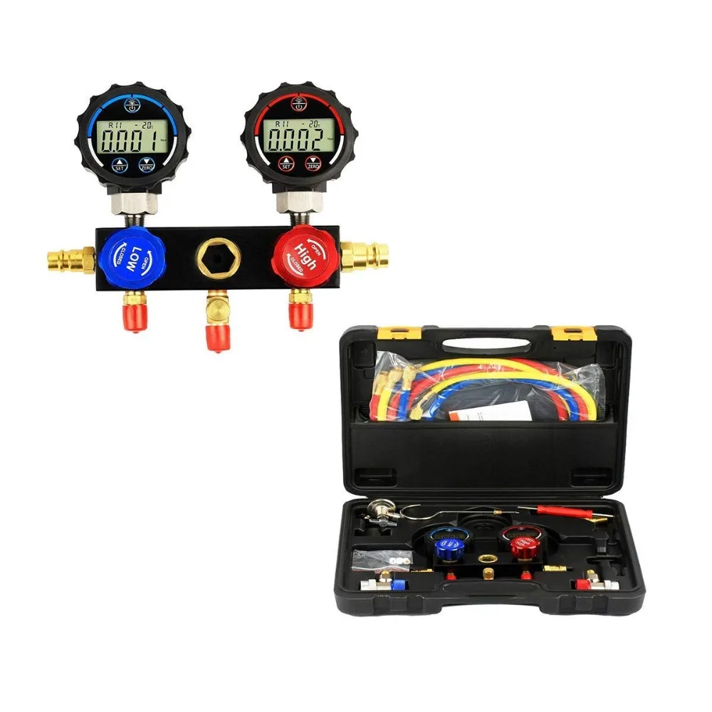 

Elitech High-tech Digital Pressure Gauge A/C Diagnostic Manifold Gauge Kit for UP to 37 Types of Refrigerant Testing and Monitor