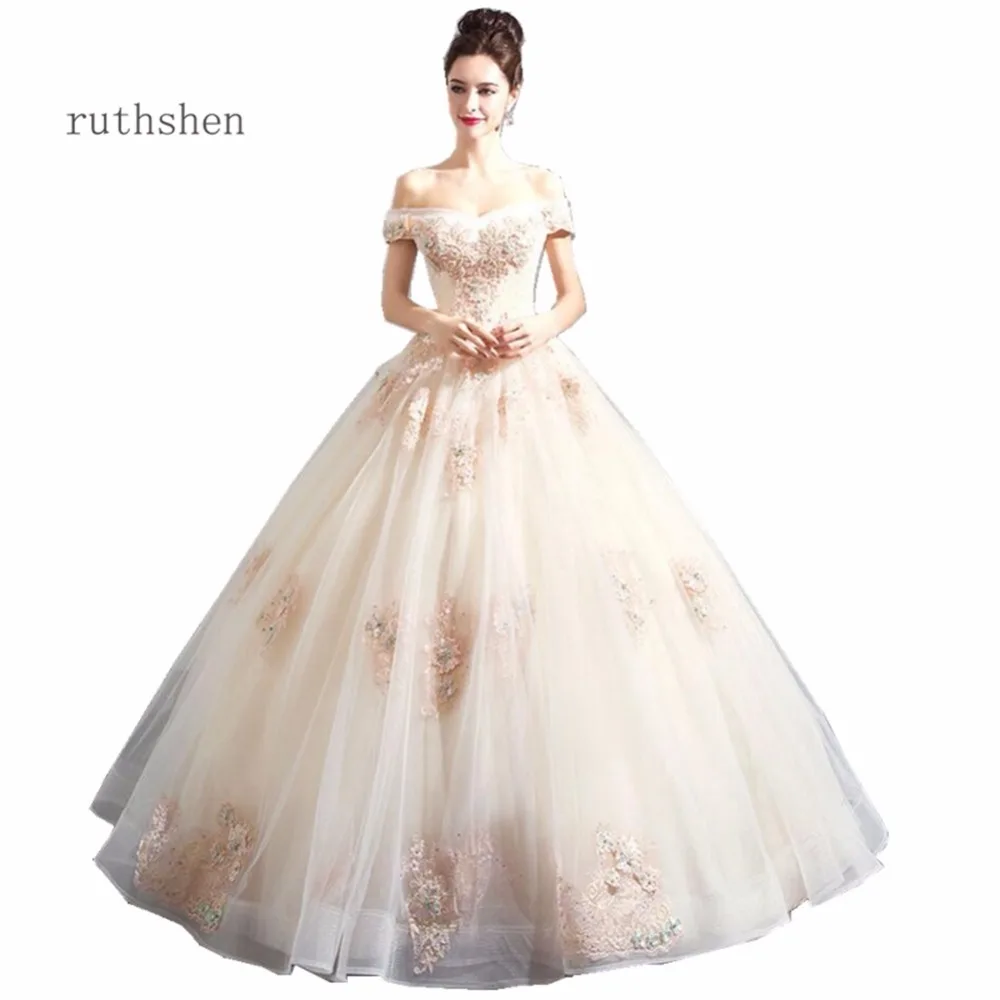 

ruthshen Off The Shoulder Ball Gowns Quinceanera Dresses With Appliques Floor Length Ruched Tulle Vestidos De 15 Anos Sweet 16