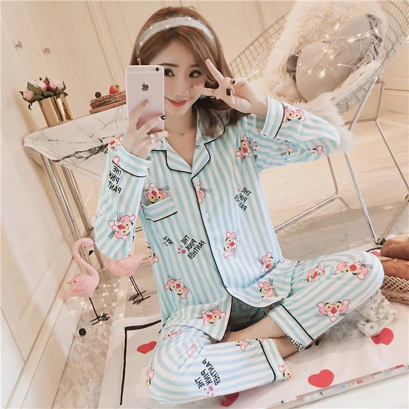 

Women Pyjamas Set Autumn Female Blue Stripe Sleepwear Cute Cartoon Nightwear Girls Sweet Sleep Suit Soft Pajamas