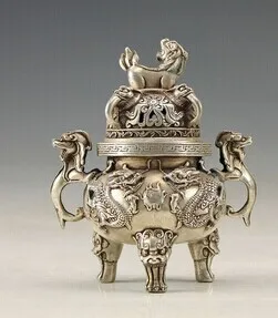 

Oriental Vintage Silver Handwork Dragon Incense Burner statue