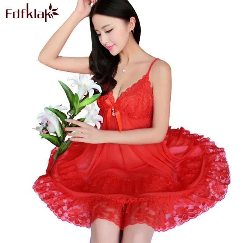 

Fdfklak New summer nightgowns women sleepwear dress large size sexy v-neck nightdress mesh lace women's nightwear nightshirt