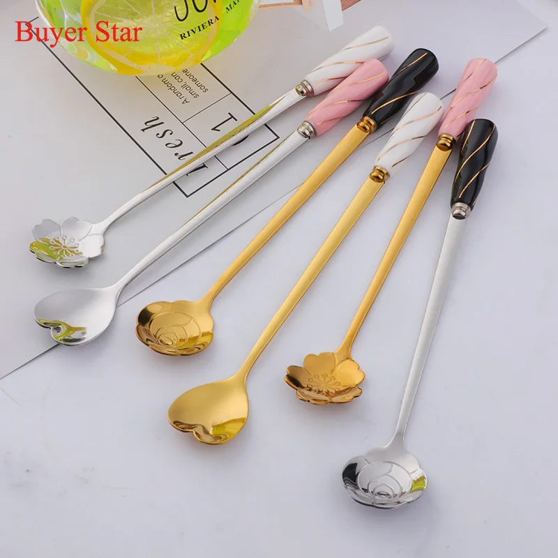 

3 Pcs Flower Spoon Set Stainless Steel Coffee Spoon with Long Ceramic Handle Ice Tea Dessert Mixing Stirring Spoon Tableware