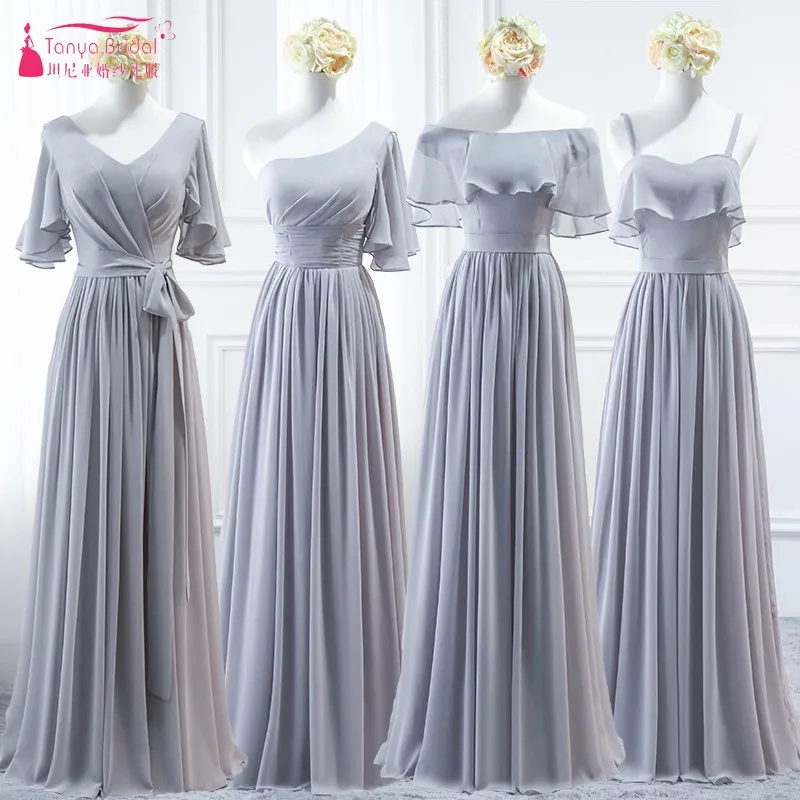 

A B C D Styles A Line Long Bridesmaid Dresses Grey Slivery Chiffon Cheap vestido longo Wedding Guest Dress Party Gown DQG437