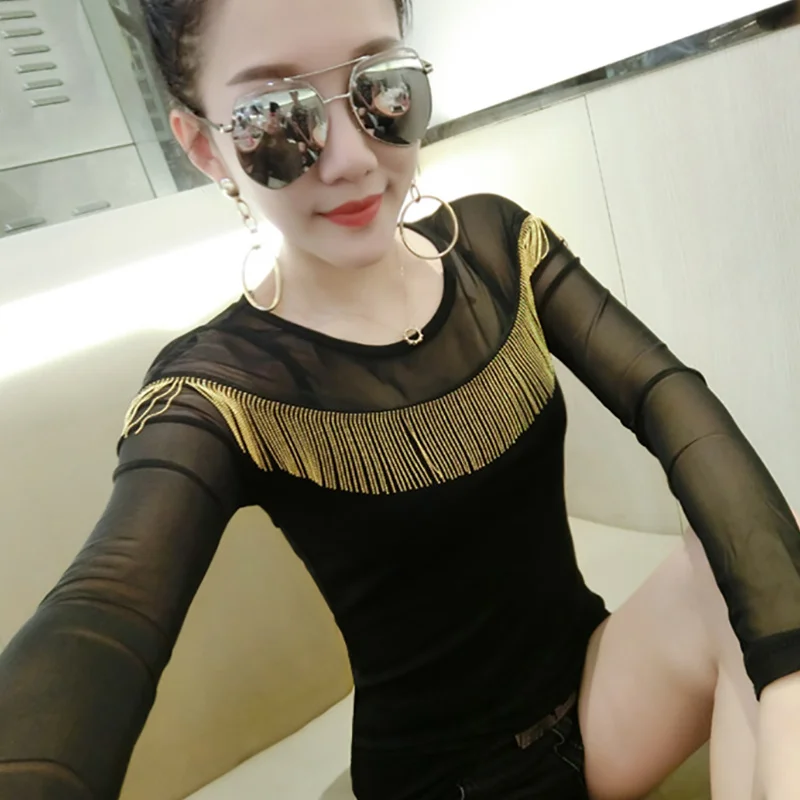 Camisas Femininas 2018 футболка женская кисточка Чистая Пряжа с длинным рукавом Футболка