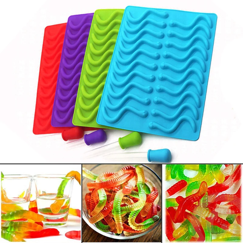 JX-LCLYL Silicone Bar Ice Tray Jelly Mold Worms Snake Chocolate Candy Gummy Maker Mold