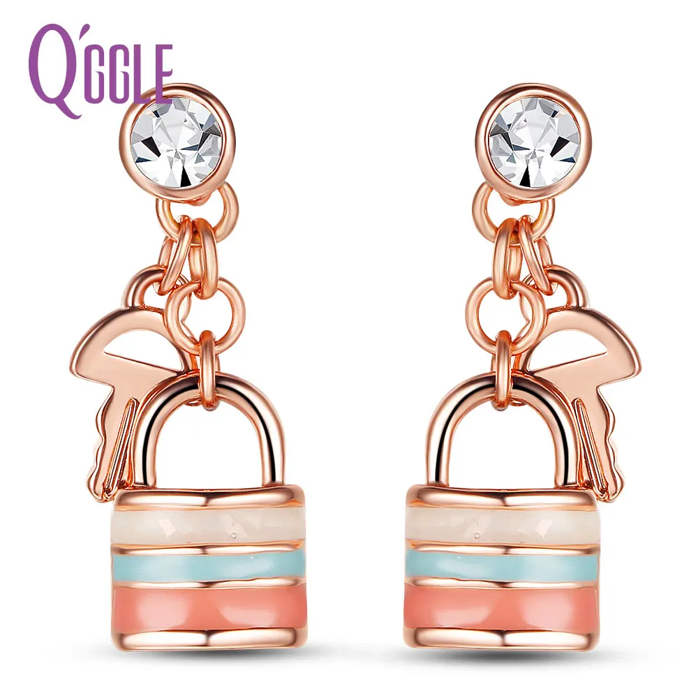 QGGLE Rose Gold Color Alloy Rhinestone Shell Colorful Earrings Key