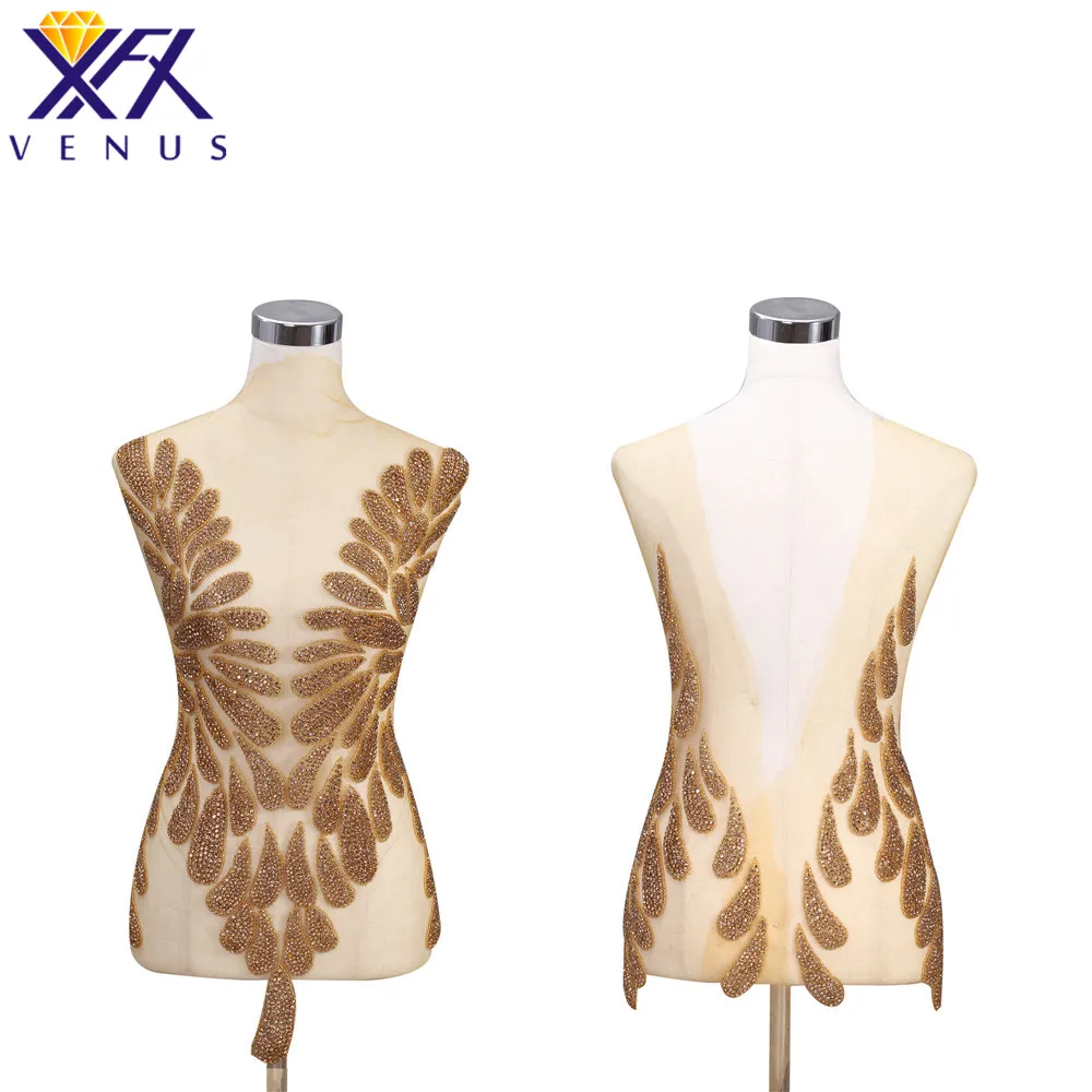

XFX VENUS 1 Set Handmade Gold Shine Rhinestones applique beads patches large size big trimming motif bodice for wedding dresses