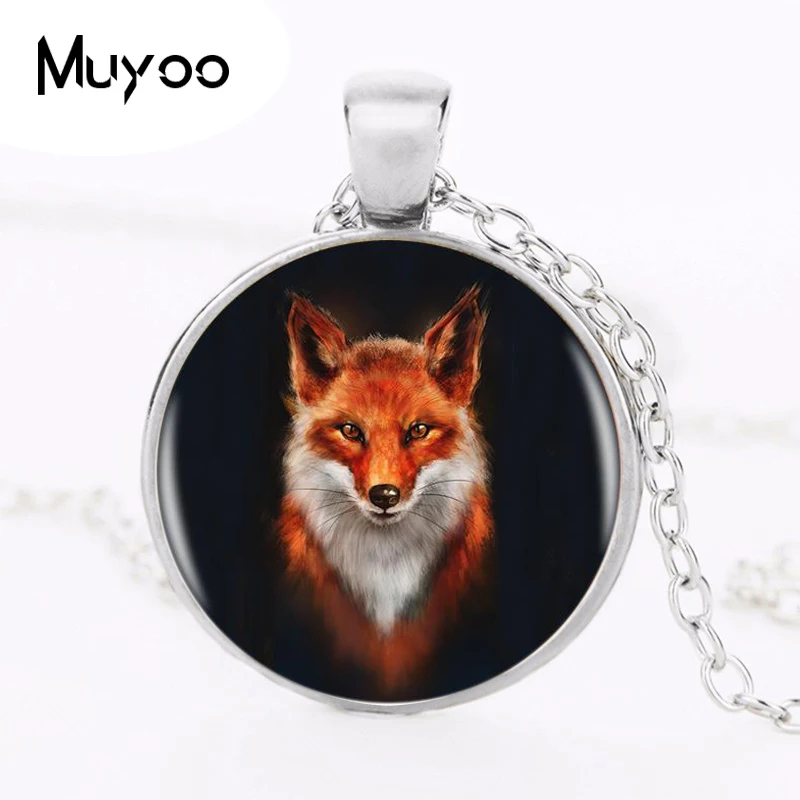 Women Jewelry Fox Pendant Necklace Handmade Resin Vintage Cabochon Tibetan Round Chain
