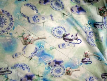 

French Lace Fabric For Sewing Flax Fabric Woven Material For Curtains upholstery-fabrics Blous Dress calico Blue white porcelain