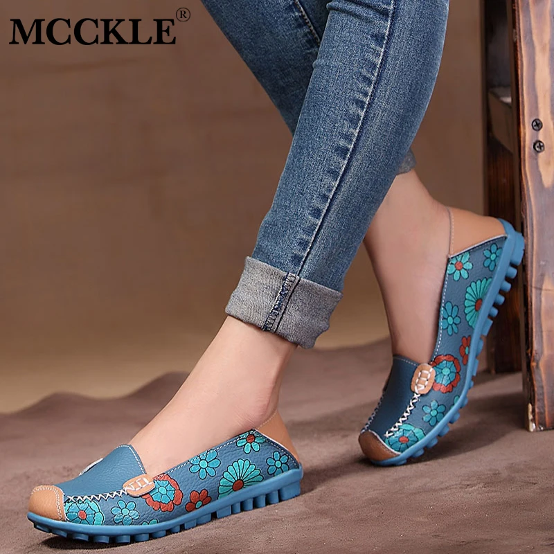 

MCCKLE Autumn Women Casual Flat Moccasins Female Genuine Leather Shallow Slip On Flower Printing Loafers Ladies Leisure Flats