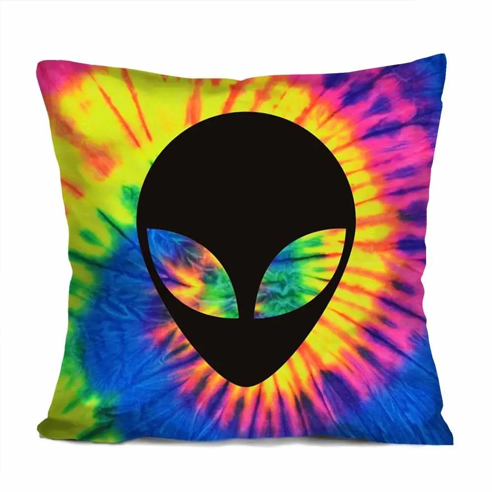 Hot Tie Dye Alien Cushion Cover Novelty Trippy Rave Alien Head Throw Pillow Case Fashion Alien