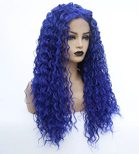 Synthetic Lace Front Blue Wig Glueless Loose Curly Heat Resistant Fiber Middle Part Cosplay Wigs for Women-19