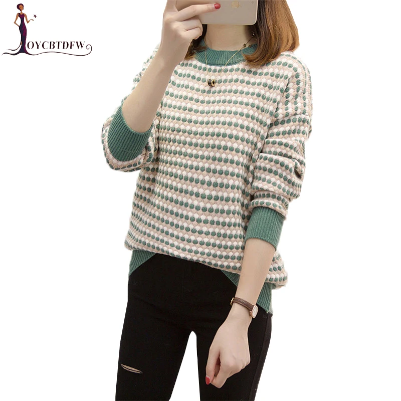 

Women Sweater 2018 Autumn Winter Korean Loose Round Neck Long-Sleeved Dot Sweater Tops Women New Pullover Bottom Sweater XY817