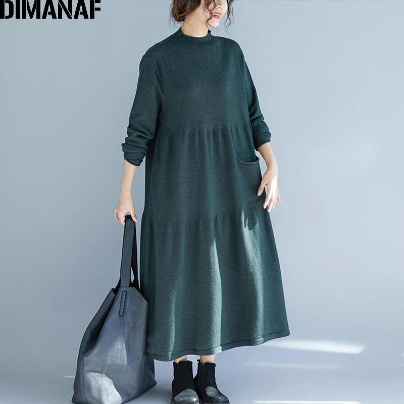 Dimanaf женский длинный Трикотажный Хлопковый зимний свитер с высоким воротом