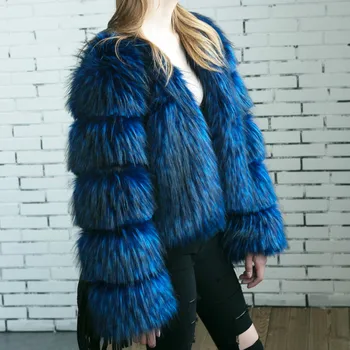 

Chic Winter Mixed Color Fur stitch imitation fur Bomber Faux raccoon hair fox fur coat Long Hair High Waist Jacket Warm 2017