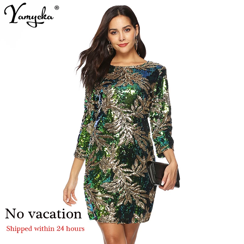 Kopen 2019 Lente Zomer New Arrivals Schede Sexy Pailletten jurk vrouwen Lange Mouw Plus Size Jurk Elegante luxe Party Jurken vestidos