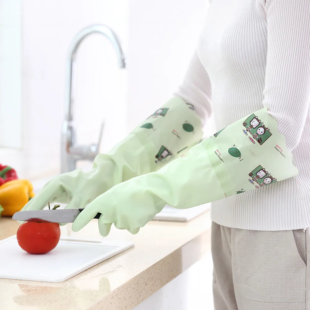TENSKE New 2019 Waterproof Velvet Gloves Wash Dishes Dishwashing House Cleaning Long Household Gloves