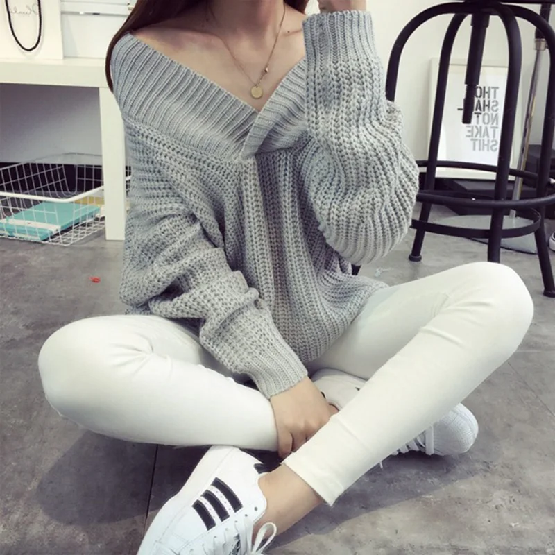 Женский Повседневный свободный осенне-зимний свитер с глубоким v-образным вырезом, вязаный пуловер с длинным рукавом, свитер, корейский Толстый черный пуловер, свитер