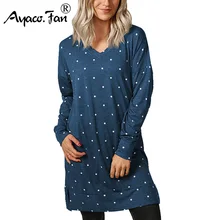 Women T-Shirts Autumn New Casual Loose V-Neck Dot Long Shirts Tee Tops Full Sleeve Irregular Split Cotton Dress Pullovers