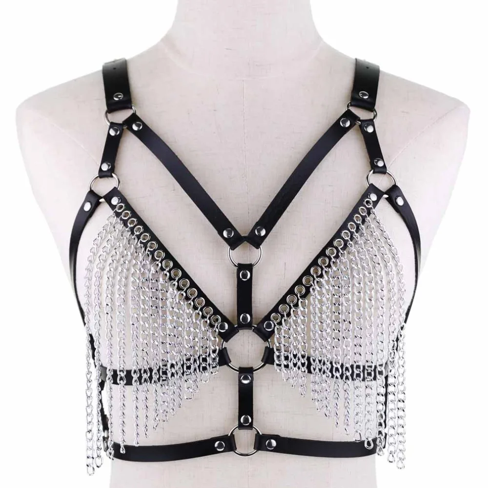 

DIEZI Punk Gothic Vintage Harness Bondage Metal Chain Body Leather Bra Necklace For Women Fashion Cosplay Torques Jewelry