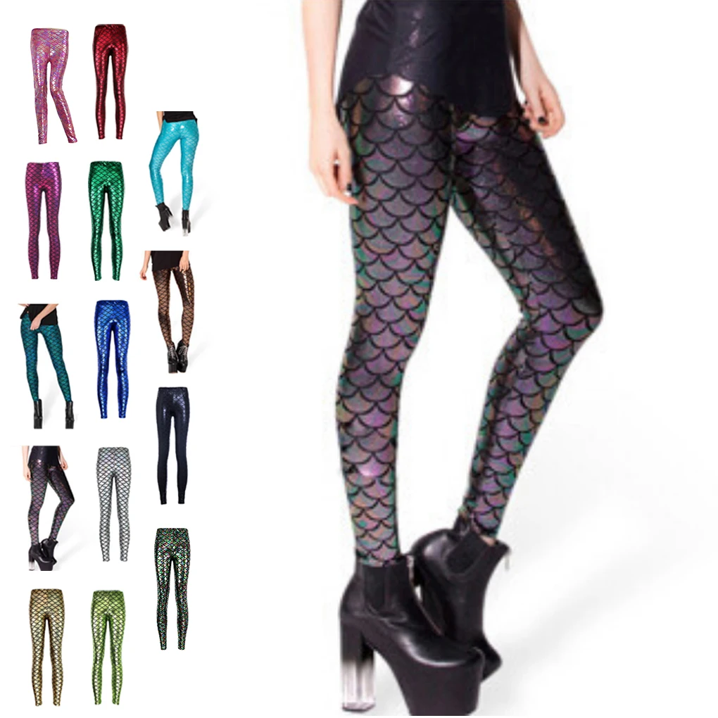 Женские эластичные тонкие блестящие леггинсы с принтом русалки|legging pants|printed