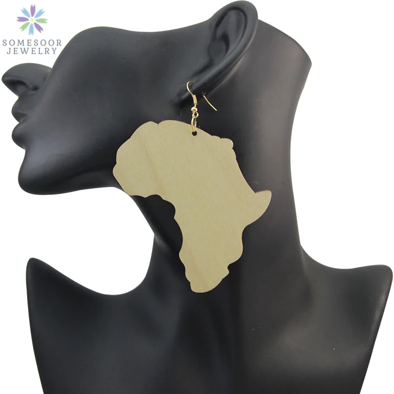 

SOMESOOR Unfinished African Wooden Drop Earrings With AFRO Motherland Map Handmade Ethnic Tribal Ear Jewelry For Black Women