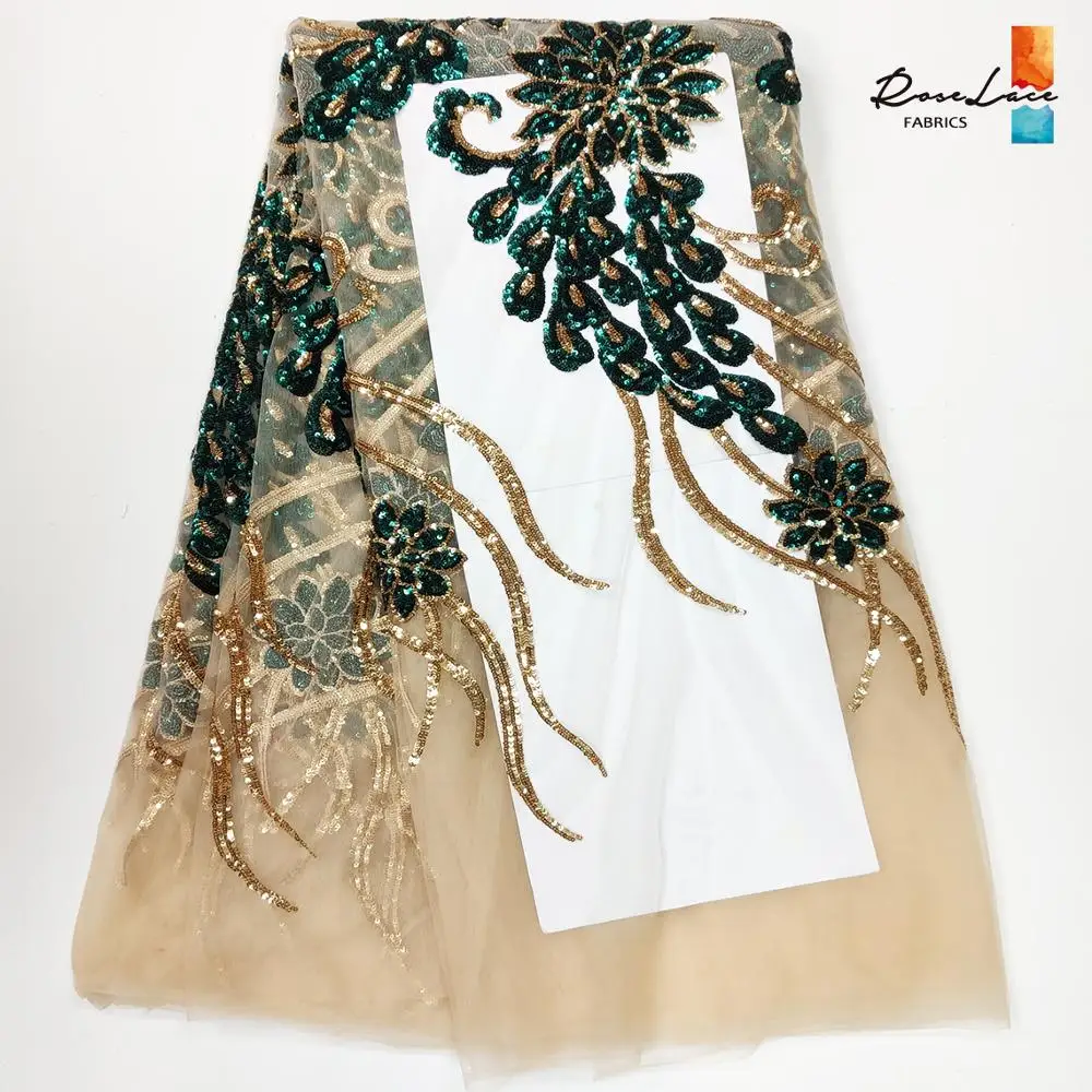 

Dazzling Design Sequined Embroidered Tulle Lace Fabric In Green And Gold French Indian Sequins Guipure Mesh Net Lace Material
