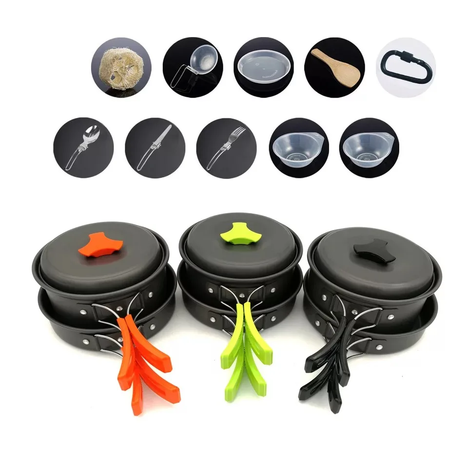 

K&A Outdoor 12pcs Portable Pot Pan Set Outdoor Tableware Backpacking Cooking Picnic Camping Cookware with Folding Spoon Fork Cut