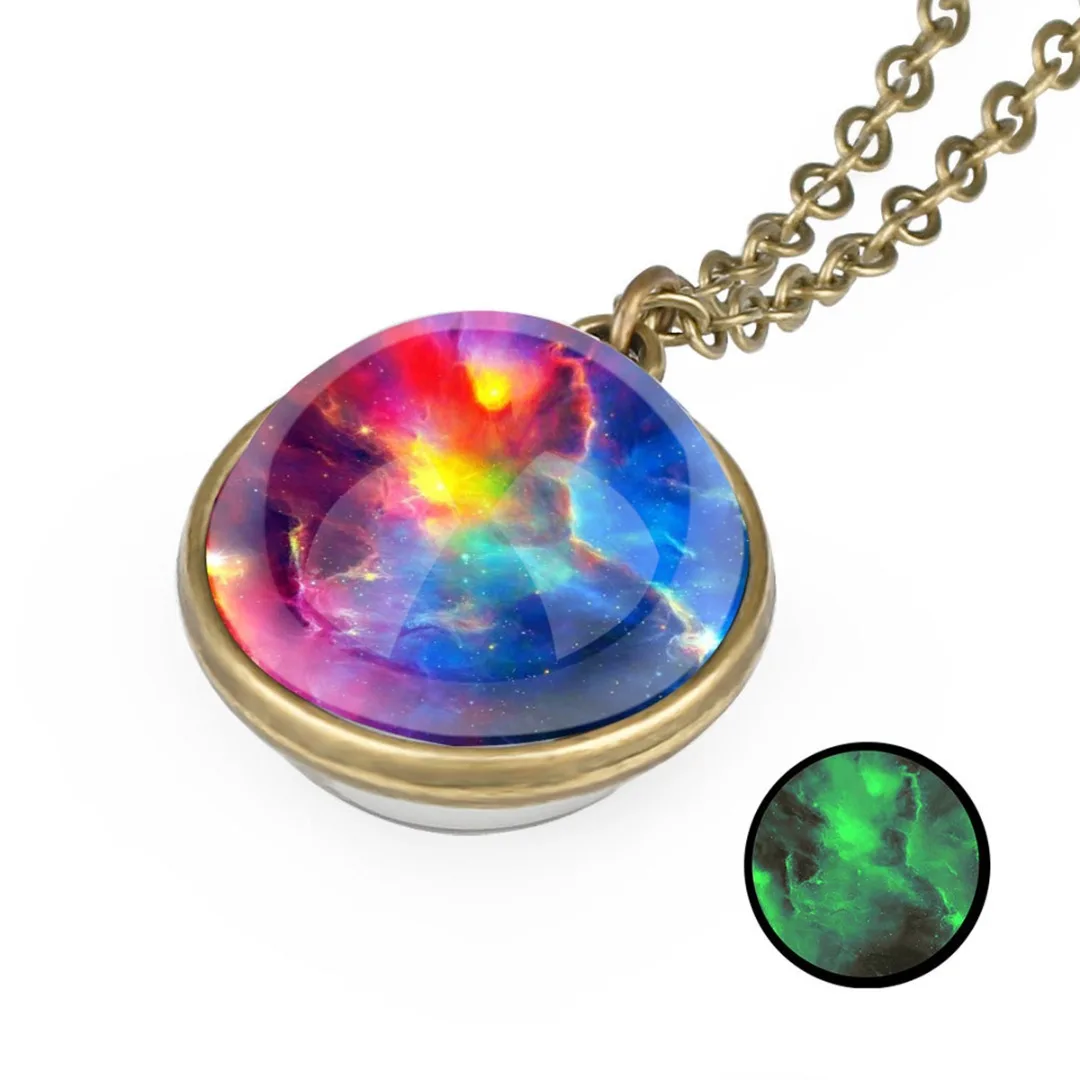 Glow In The Dark Long Chain Necklace Jewelry For Women Men Trendy Two Sides Glass Ball Universe Galaxy Nebula Space Necklace