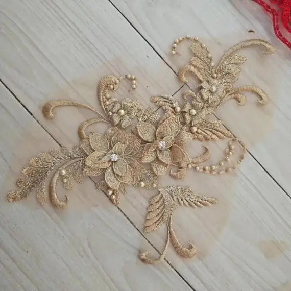 

gold heavy bead lace applique, 3D lace applique with pearls, 3d flower applique, heavy embroidered flower applique