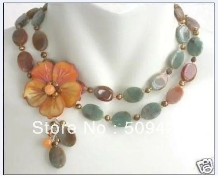 

Free Shipping>beautiful 2 rows flower shell clasp onyx pearl necklace