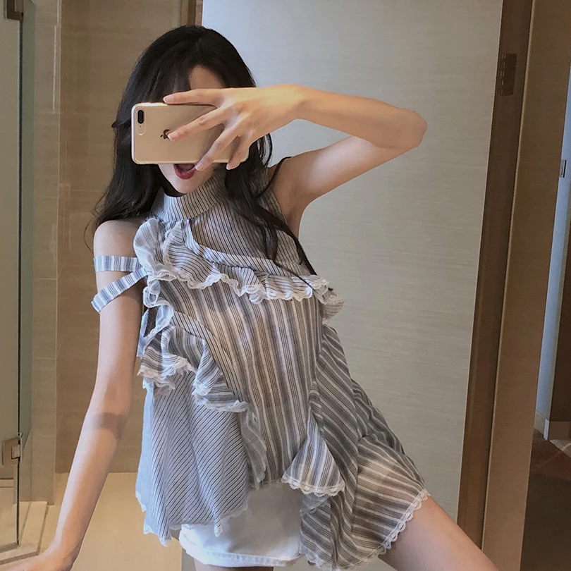 

Small fresh sweet New summer Women's Clothing fashion trend sleeveless ruffles temperament striped thin asymmetric shirts tops