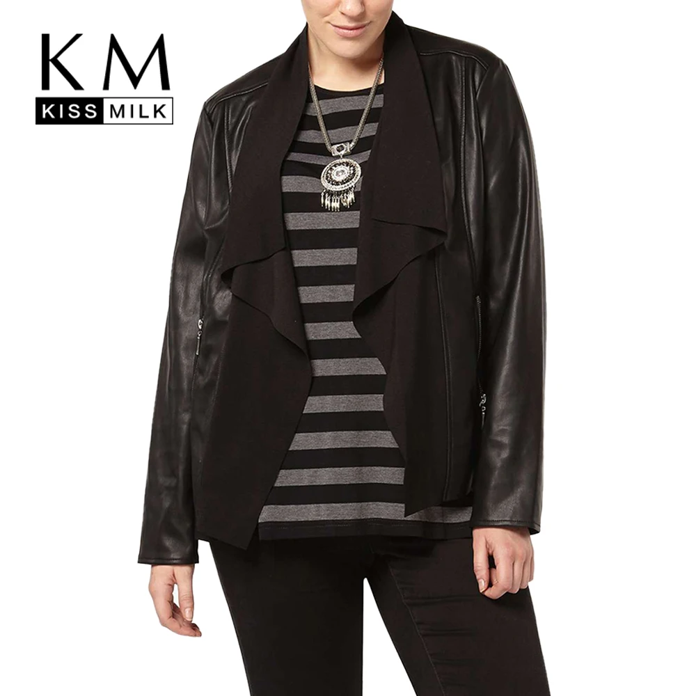

KM kissmilk Plus Size New Fashion Women Autumn Slim Short Leather Splice All-match Solid Black Streetwear Coat 3XL 4XL 5XL 6XL