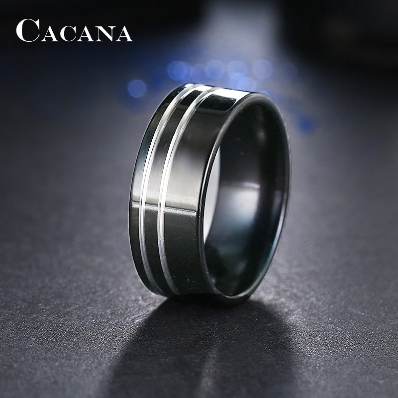 Женские кольца из нержавеющей стали CACANA черные с 2 серебряными линиями модные