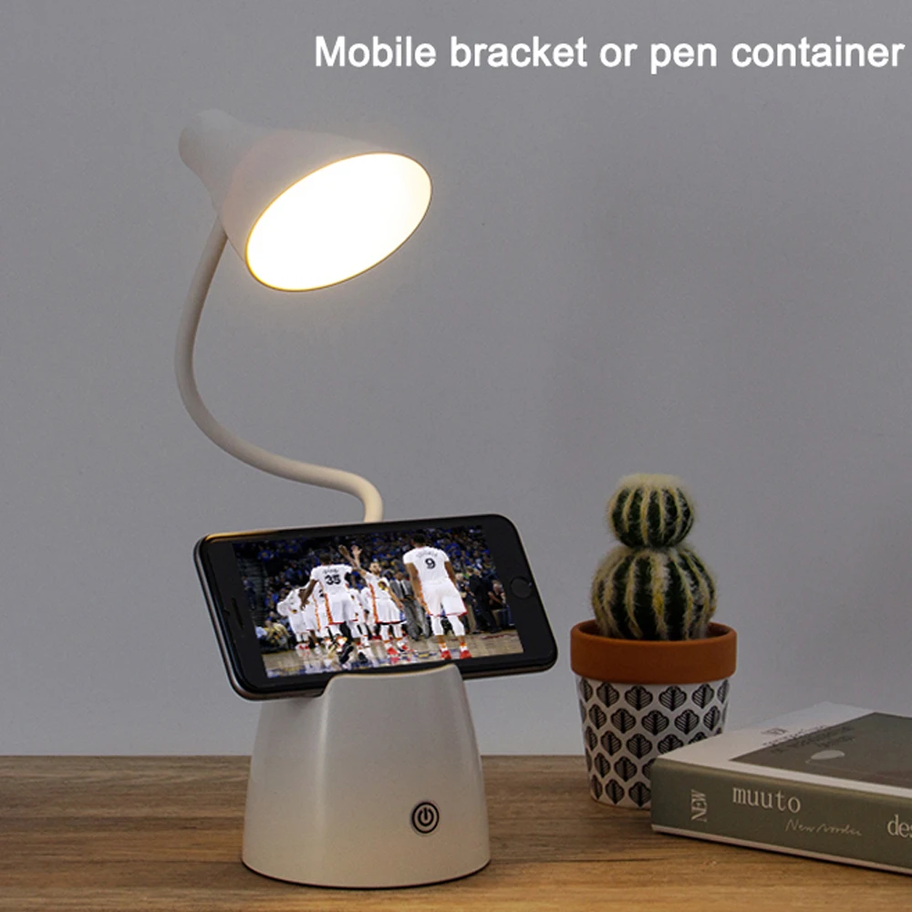 

Retro Dimmer Rechargeable Desk Lamp Flexible Hose USB Reading Table Lamp Bedside Light Mobile Bracket Pen Container Table Light