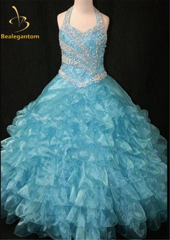 

2019 Hot New Girls Party Pageant Gown Ball Gowns Halter Bead Crystals Pink Flower Girl Dresses Vestido Daminha Casamento QA205