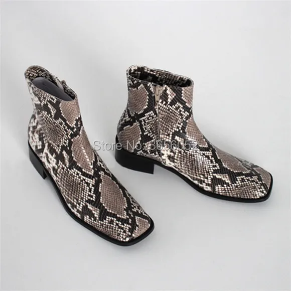 Qianruiti/ г.; Botines Mujer; кожаная обувь с принтом; женские пикантные сапоги на низком толстом каблуке с квадратным носком и боковой молнией; женские сапоги из змеиной кожи