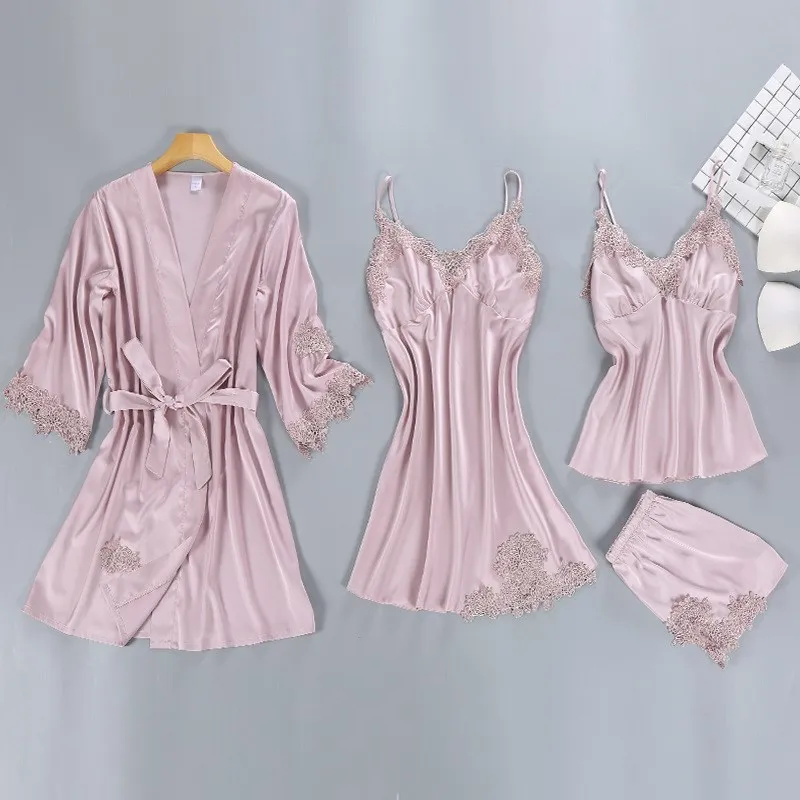 

Sexy Women's Robe Gown Sets Lace Bathrobe Night Dress 4 Four Pieces Sleepwear Solid Faux Silk Robe Femme Sleep Set