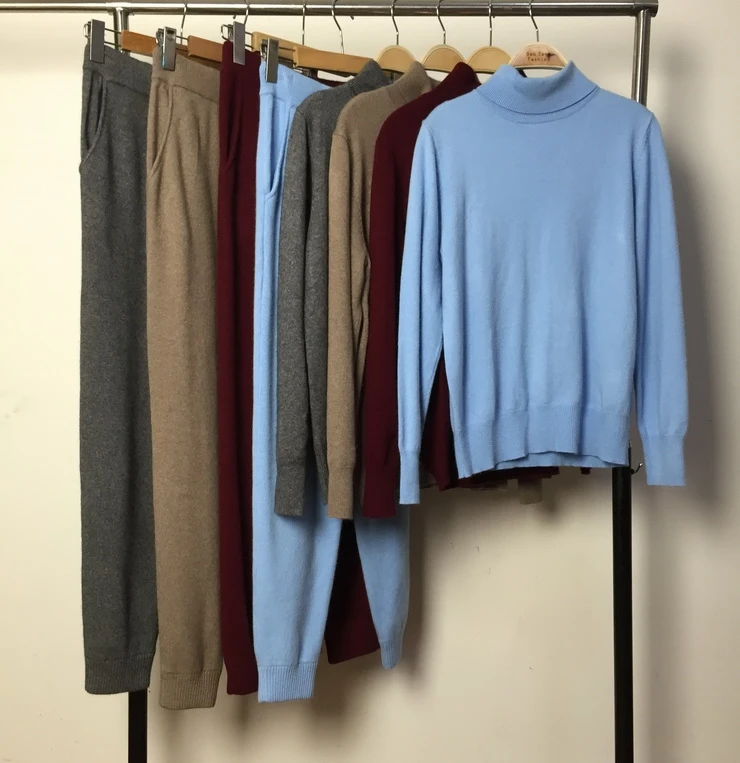 Шерсть полный спортивный костюм из двух частей набор кашемировые костюмы женский свитер с высоким воротником+ брюки трикотажные 2 комплекта - Цвет: Синий