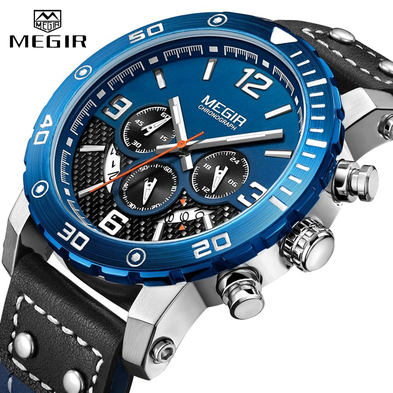 

MEGIR New Fashion Blue Men Watch Luxury Brand Chronograph Male Military Sport Waterproof Watch Analog Quartz Relogio Masculino