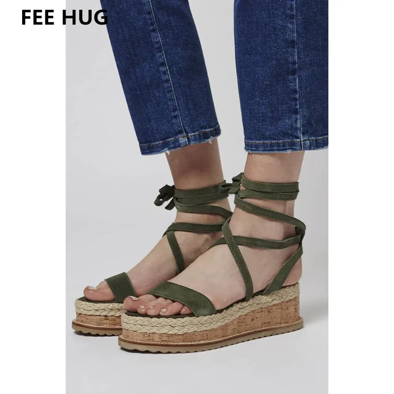 FEE HUG 2018 Summer Bandage Lace Up Women Sandals Plus Size 43 Wedges For Woman Platform Flats Ladies Beach Shoes | Обувь