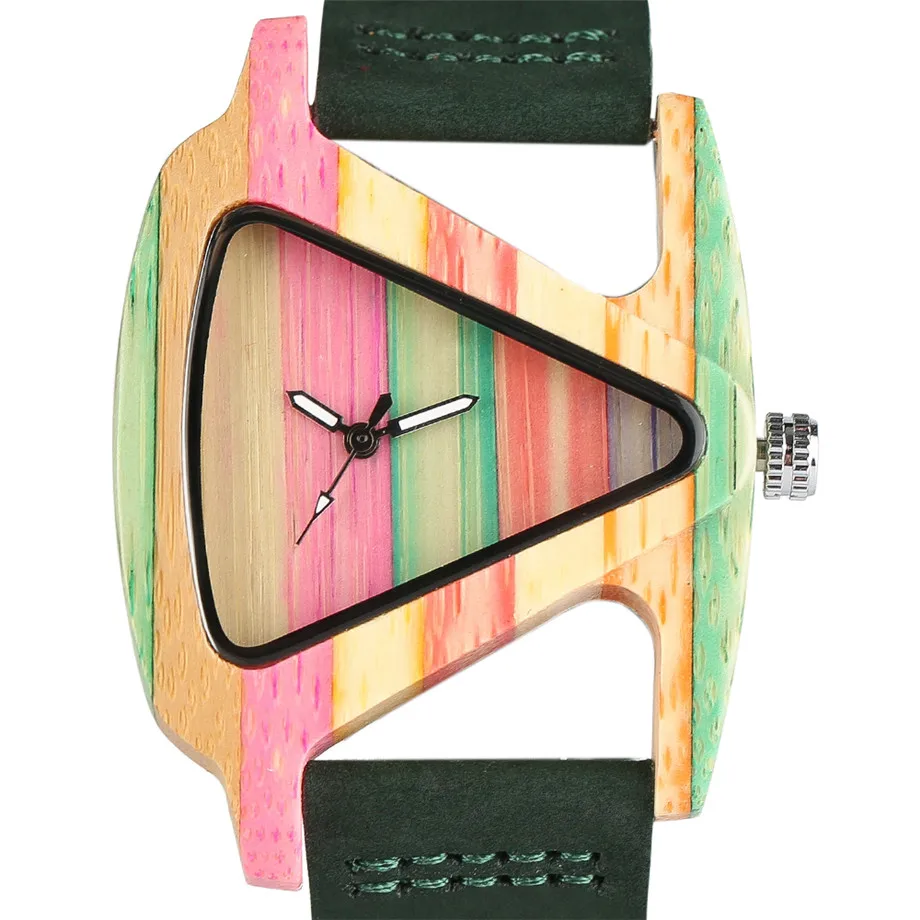 Luxury Women Creative Triangle Wooden Watches Colourful Analog Quartz Woman's Ladies Cute Bamboo Leather Wristwatch Clock Gifts Rainbow Fashion Dress Watch (13)
