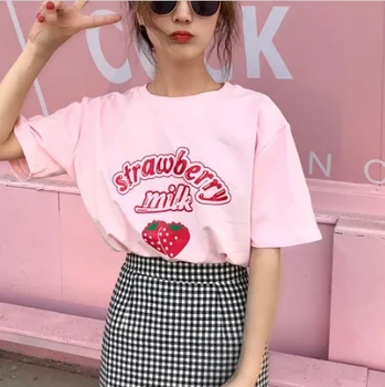 

kuakuayu HJN Strawberry Milk T Shirt Tops Women Summer Korean Fashion Ulzzang Tshirt Schoolgirl Streetwear Cute Clothes