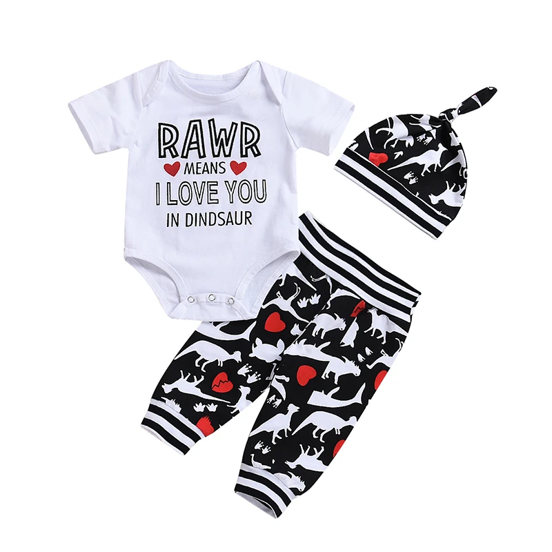 0-24M Newborn Baby Boy Girl Dinosaur Clothes Summer Short Sleeve Cotton Romper Tops Long Pant Hat 3PCS Outfits Clothing Set | Детская