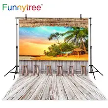

Funnytree backgrounds for photography studio summer beach bar wood floor coconut tree Grass house holiday backdrop photocall